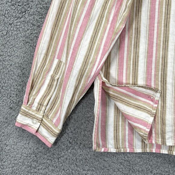 Chadwick's Button Up Top Women 14 Pink Brown Striped Long Sleeve 100% Linen T86 - Picture 10 of 14